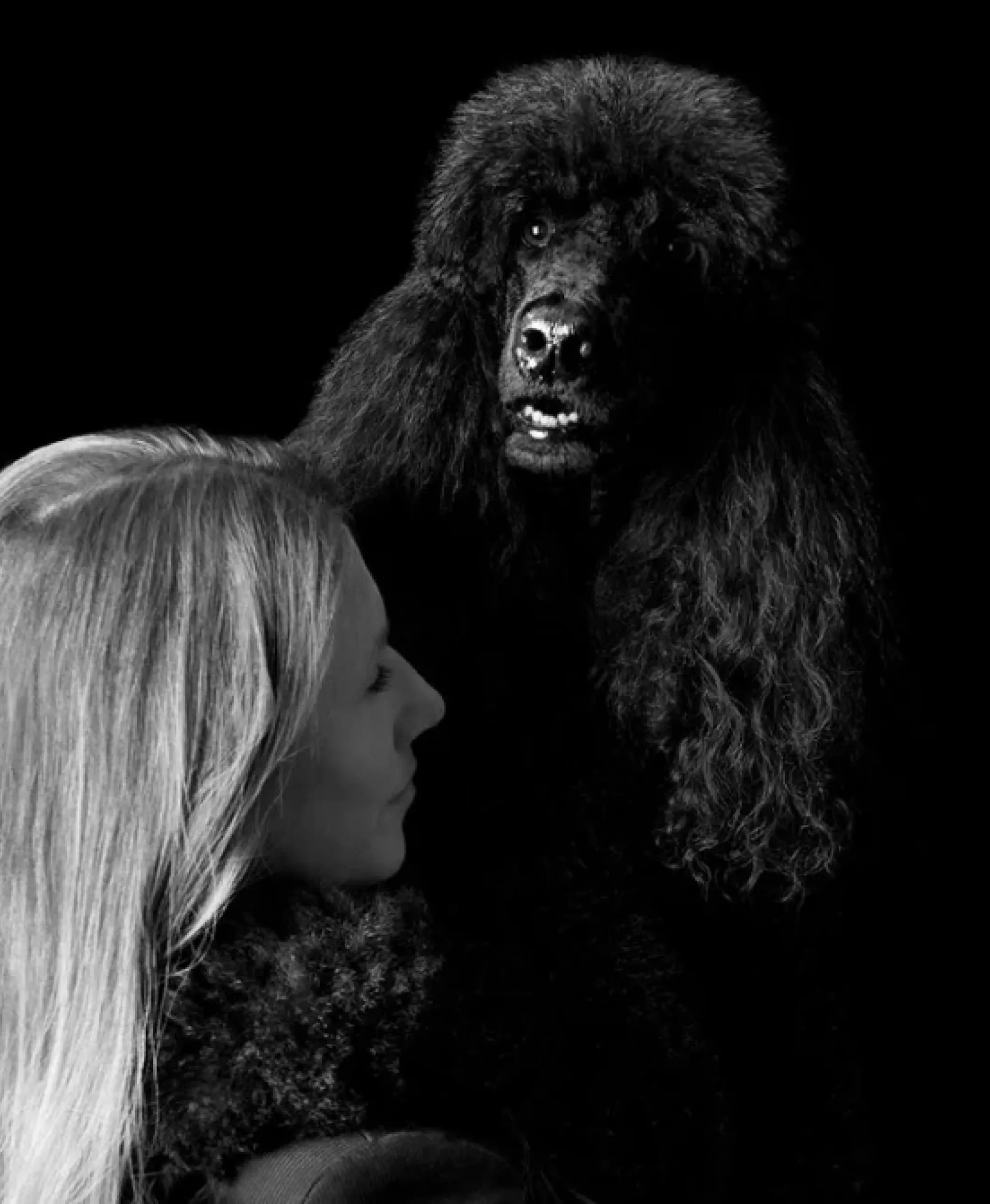 femme et son chien noir, poodle, smithandburton